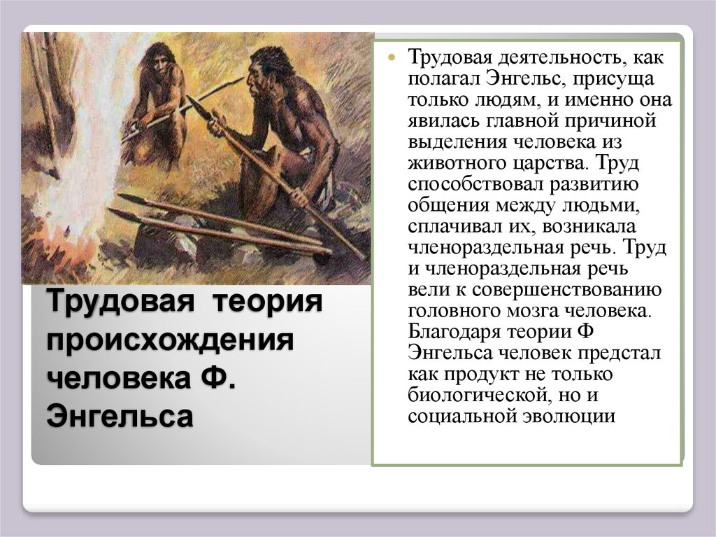 Возникновение первобытных людей. Трудовая теория ф. Энгельса. Трудовая теория происхождения человека. Трудовая гипотеза возникновения человека. Теории происхождения человека Трудовая теория.