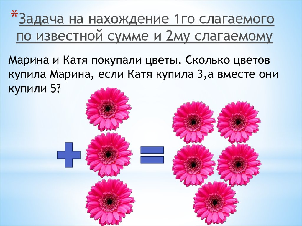 Сколько цветов должно. Задачи на нахождение неизвестного первого слагаемого. Задачи на нахождение первого слагаемого. Задачи на нахождение неизвестных компонентов для дошкольников. Задачи на нахождение двух слагаемых.