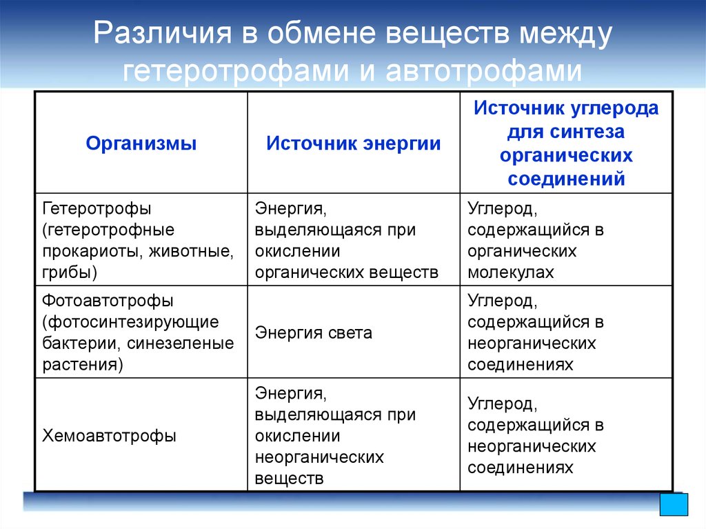 Таблица отличий. Таблица признаки для сравнения автотрофы и гетеротрофы. Таблица 