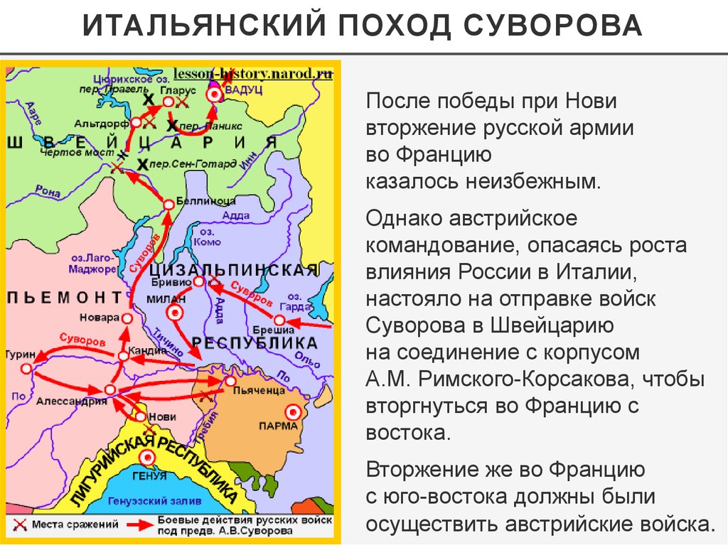 Итальянский и швейцарский походы суворова контурная карта по истории 8 класс