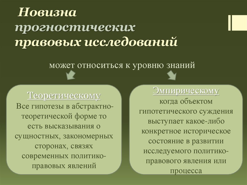 Юридические исследования. Виды новизны юридических исследований. Понятие правового исследования. Виды правовых научных исследований. Новизна прикладных правовых исследований.