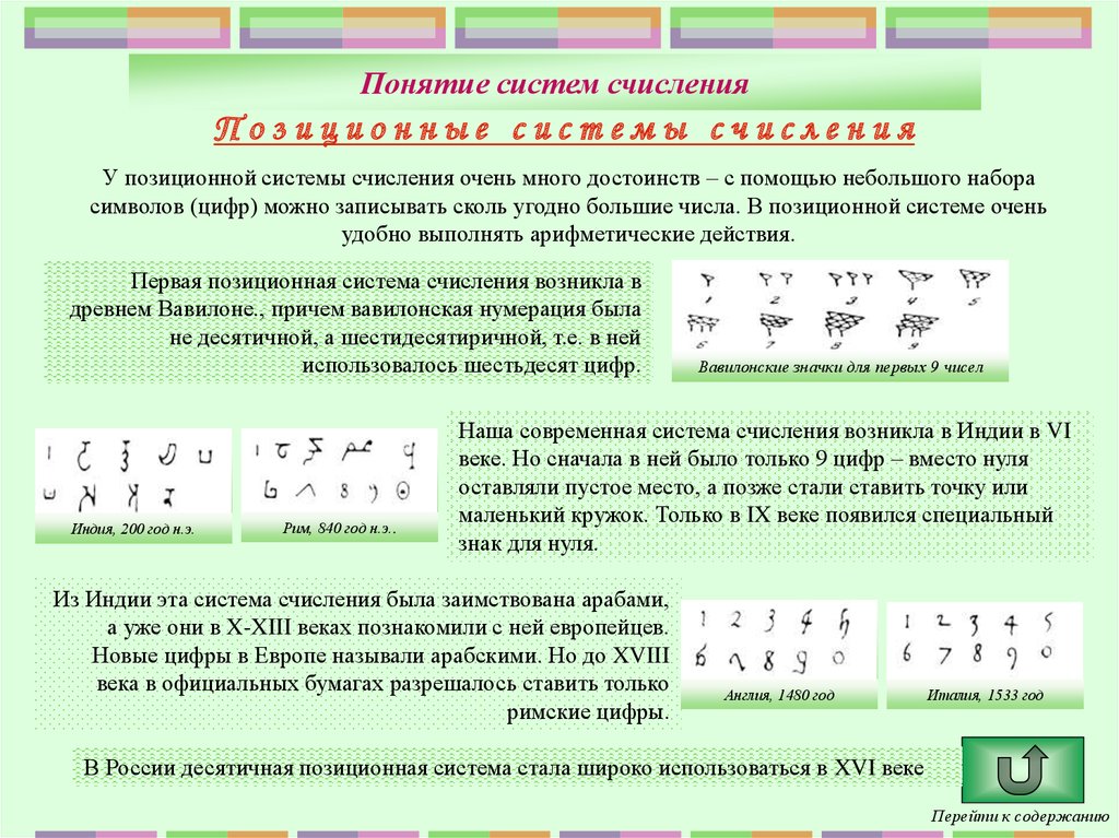 Основание система счисления ответ. Понятие системы счисления. Представление чисел в позиционных системах счисления. Арабская позиционная система счисления. Арифметические действия в системах счисления.