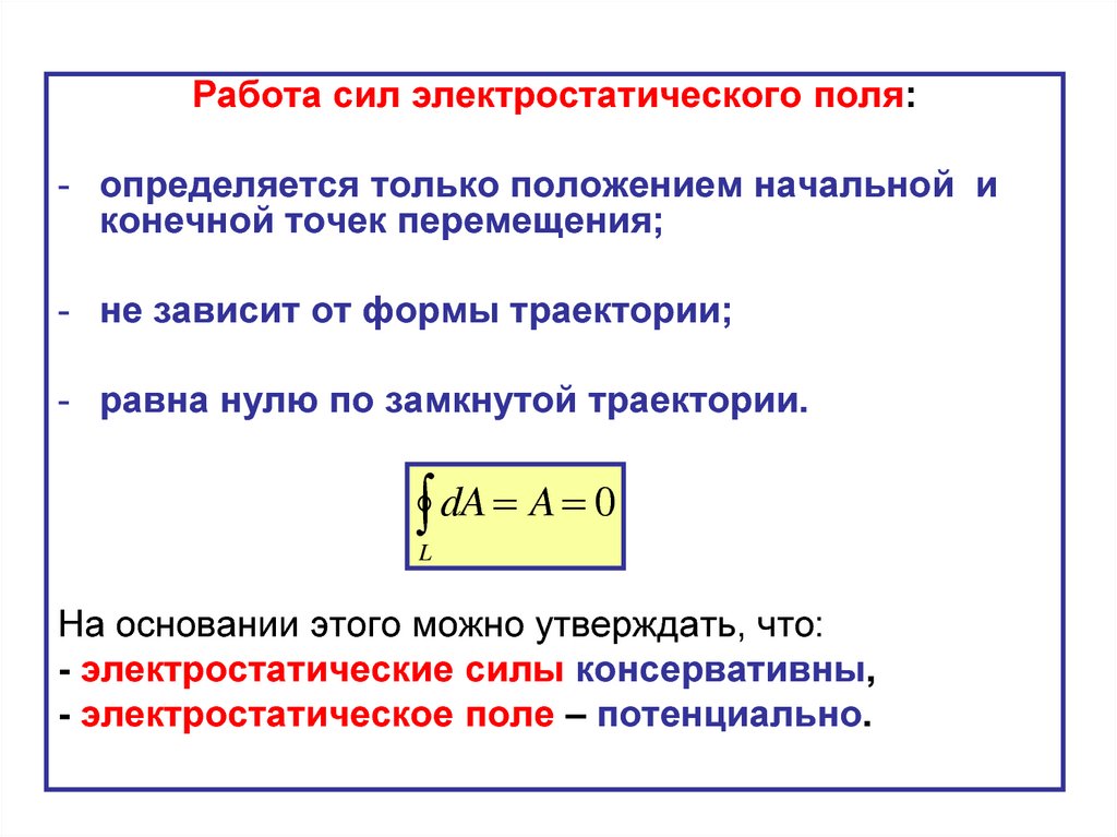 Электростатическое поле работа сил электростатического поля