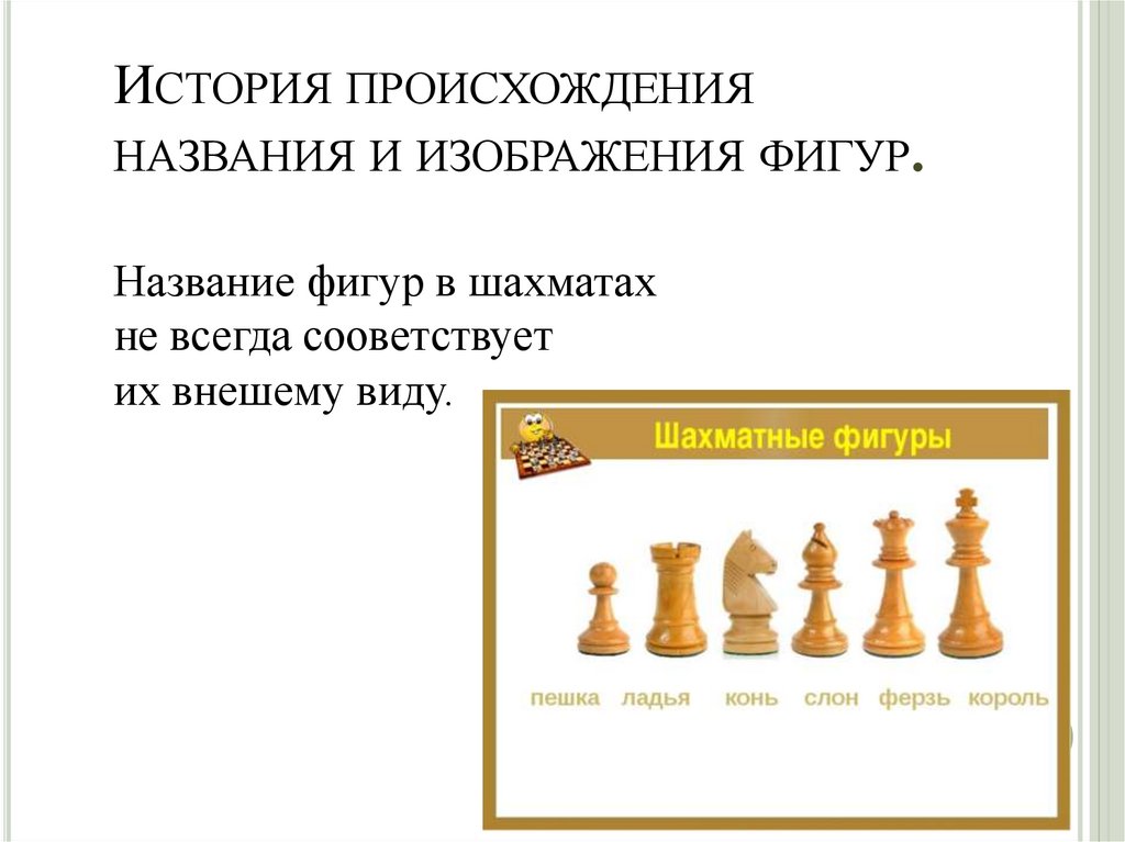 История происхождения названия и изображения фигур. Название фигур в шахматах не всегда сооветствует их внешему виду.