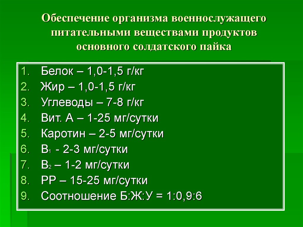 Обеспечение организма. Обеспечения организма. Химический состав основного солдатского пайка. Основные источники витамина с в Солдатском пайке:. Источник витамина с в Солдатском пайке.