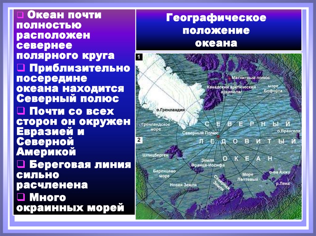 Этот океан расположен. Географическое положение СЕВЕРНОЛЕДОВИТОГО океана. Географическое положение морей Северного Ледовитого океана. Северный Ледовитый океан географическое положение океана. Расположение Северного Ледовитого океана.