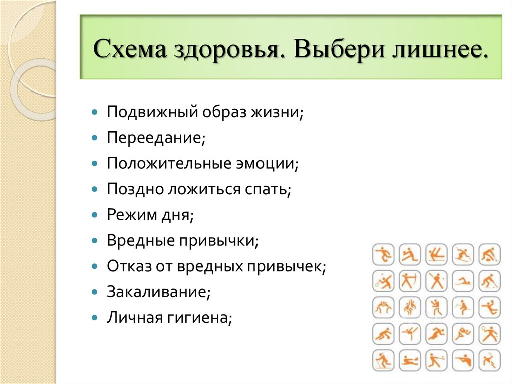 Здоровье схема. Выберите лишний элемент. Выбери лишнее. Выбирай спорт выбирай здоровье. Выберите лишний вариант ответа