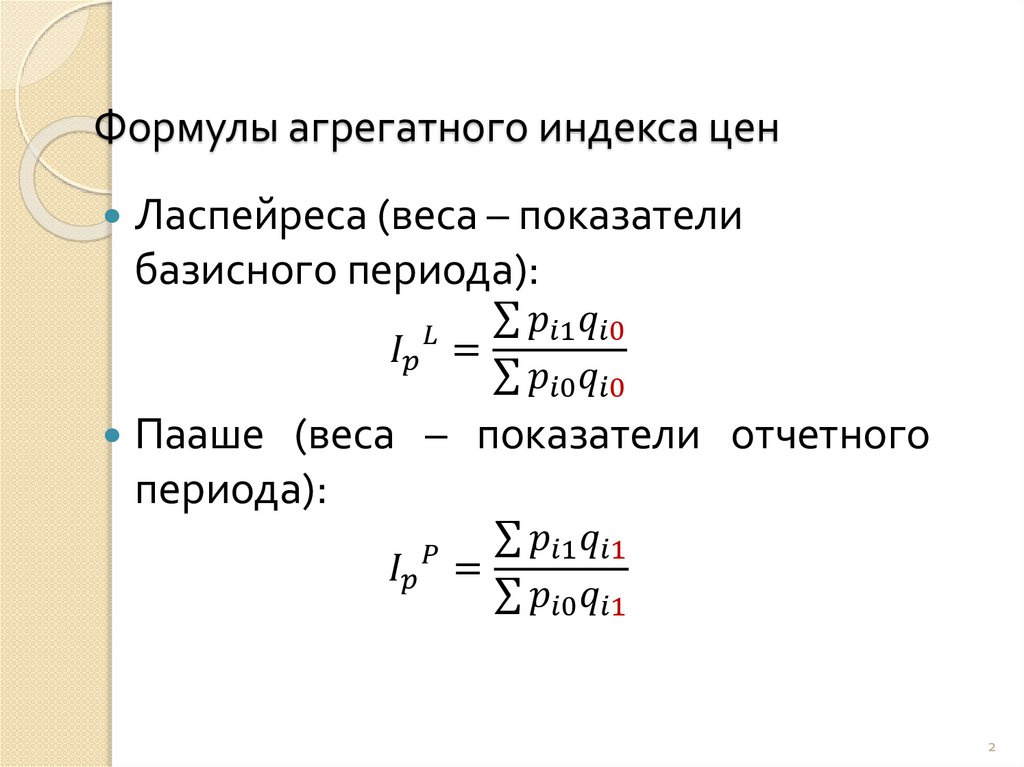 Формулы агрегатного индекса цен