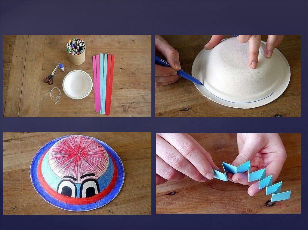 Осьминожка Материал: одноразовая тарелка, полоски цветной бумаги, клей, ножницы, фломастеры, ниточка.