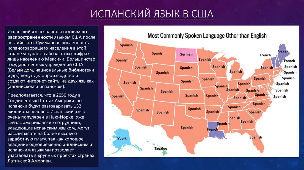 В каких странах испанский государственный. Языки США. Испанские штаты в США. Испанский язык в США. Распространенные языки по Штатам в США.
