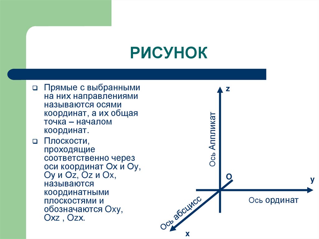 Выбери прямую. Ось координат. Оси координат и их названия. Название осей координат в пространстве. Прямые с выбранными на них направлениями называются.