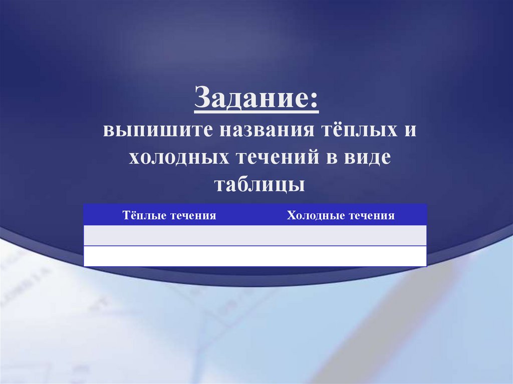 Теплом называют. Задание: выпишите названия теплых и холодных течений в виде таблицы. Выпишите название тёплых и холодный течений в видео таблицы. Что называют теплым течением. Течение называется теплым если его температура выше.