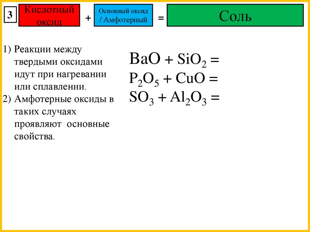 Кислотный амфотерный реакция. Амфотерные оксиды плюс основные оксиды. Кислотный оксид основный оксид соль. Амфотерный плюс основный оксид. Амфотерный оксид основный оксид соль.