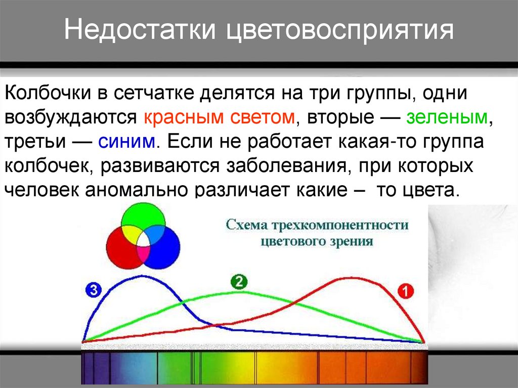 Нарушение цвета. Схема Трёхкомпонентности цветового зрения. Основные нарушения цветового зрения. Виды расстройств цветового зрения. Врожденные нарушения цветового зрения.