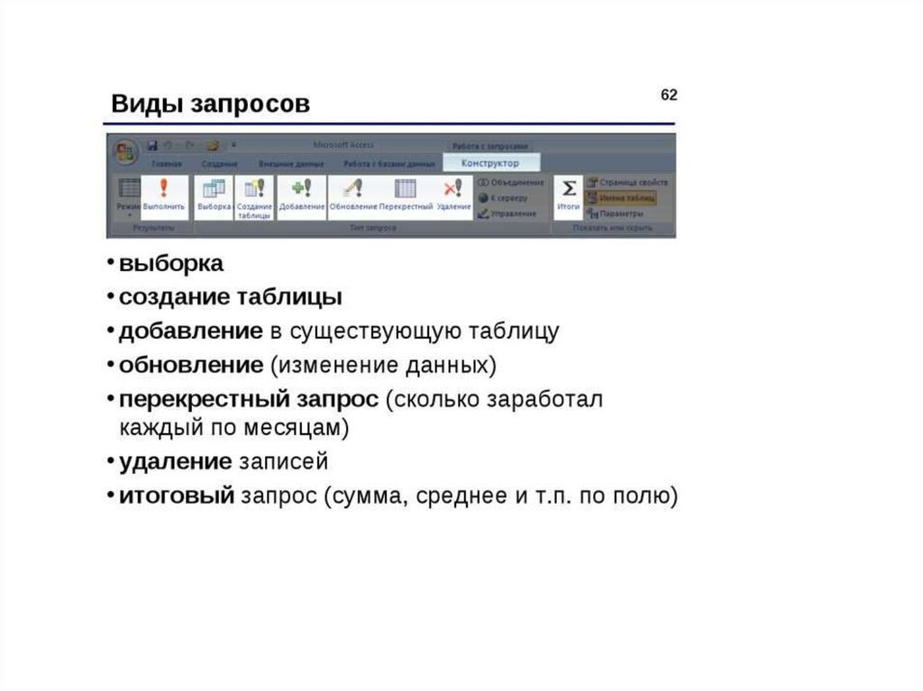 Виды запросов. Типы запросов в аксесс. Типы запросов в access. Виды запросов в MS access. Какие существуют типы запросов в базе данных access:.