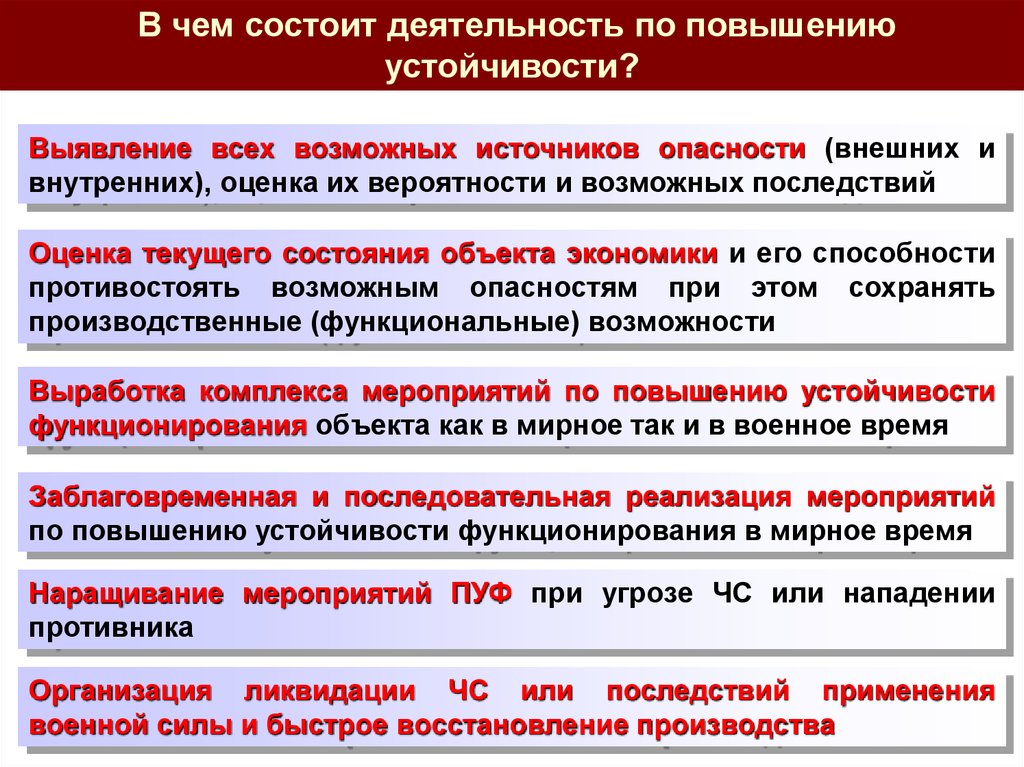 В чем заключалась деятельность. На устойчивость функционирования объекта влияют следующие факторы. Устойчивость функционирования организации последствия. В чем заключается оценка устойчивости объекта экономики?. Основные риски и угрозы, влияющие на устойчивость функционирования.