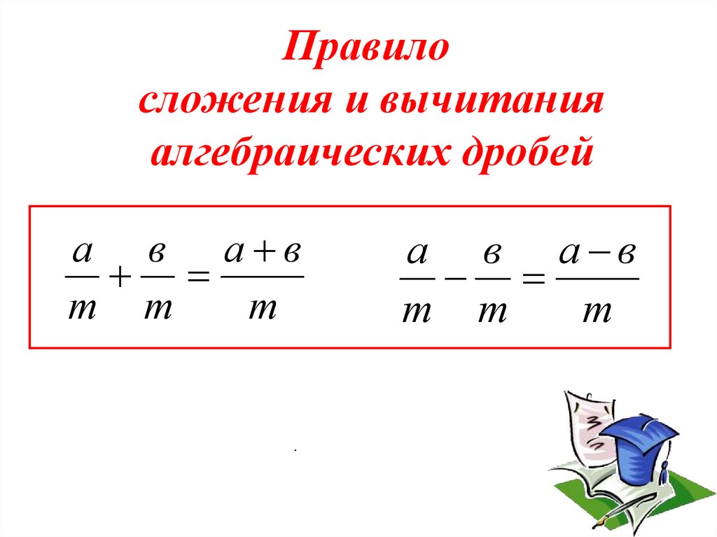 Сложение алгебраических дробей. Сложение и вычитание алгебраических дробей. Вычитание алгебраических дробей. Правило сложения и вычитания алгебраических дробей.