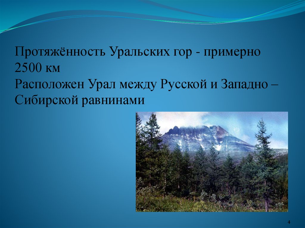 Протяжённость Уральских гор - примерно 2500 км Расположен Урал между Русской и Западно – Сибирской равнинами