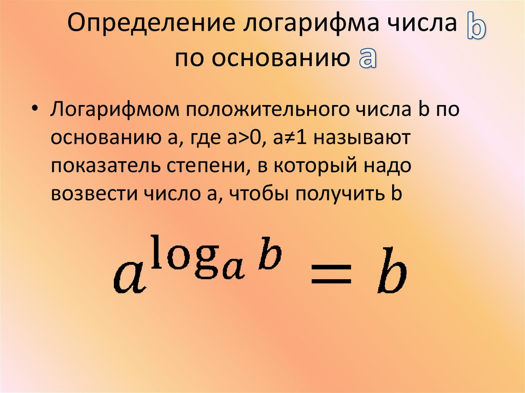 Логарифм числа. A В степени логарифм b по основанию a. Логарифмом называется показатель степени числа b. Логарифм числа b по основанию a на логарифм числа a по основанию b. ОПОПРЕДЕЛЕНИЕ логарим.