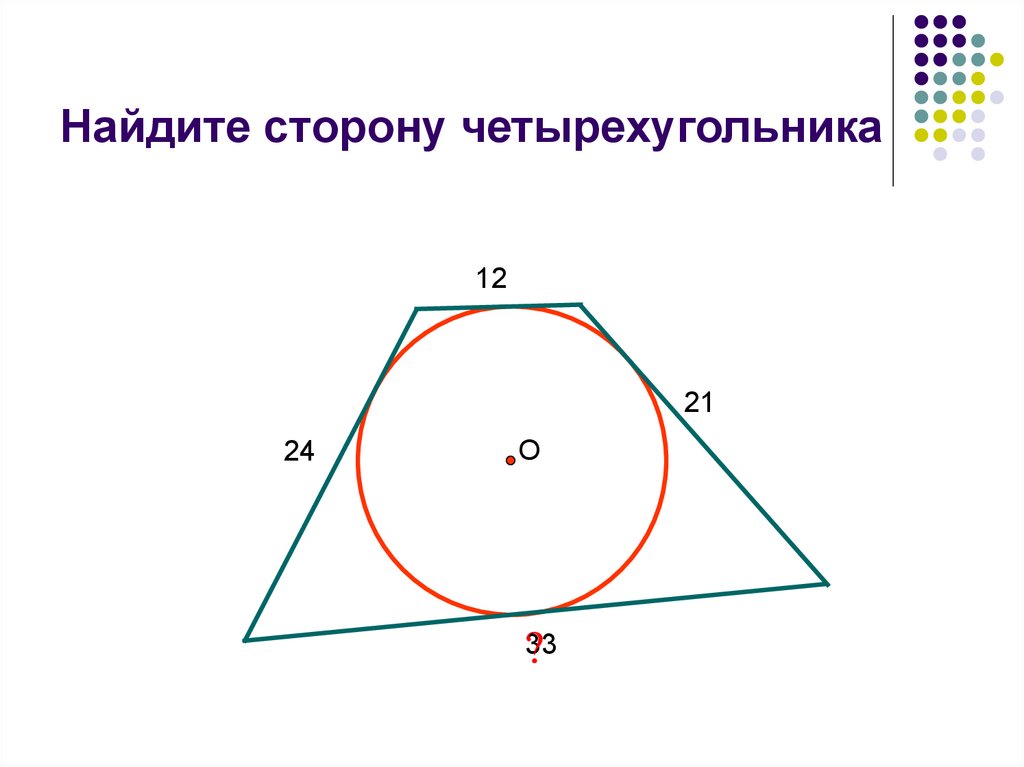 Найти стороны вписанного четырехугольника. Центр вписанной окружности в четырехугольник. Радиус вписанной окружности в четырехугольник. Как найти сторону описанного четырехугольника. Вписанная и описанная окружность в четырехугольник презентация.