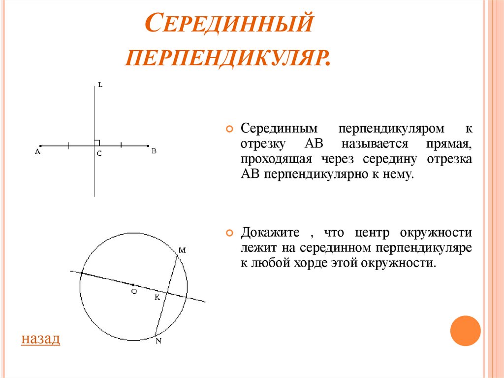 Середина радиуса. Серединный перпендикуляр в окружности. Серединный перпендикуляр окр. Перпендикуляр в окружности. Перпендикуляр к прямой через окружность.