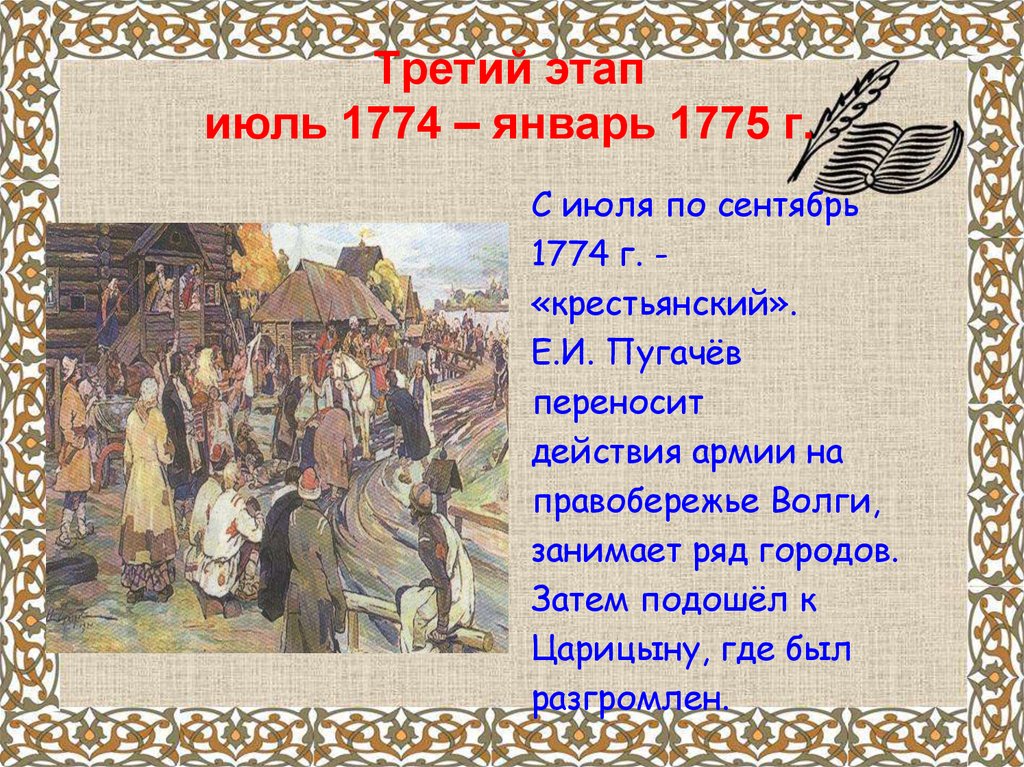 Третий этап. Сентябрь 1774 Пугачев. Третий этап Восстания Пугачева 31 июля по сентябрь 1774. Июль - сентябрь 1774. Январь 1774.