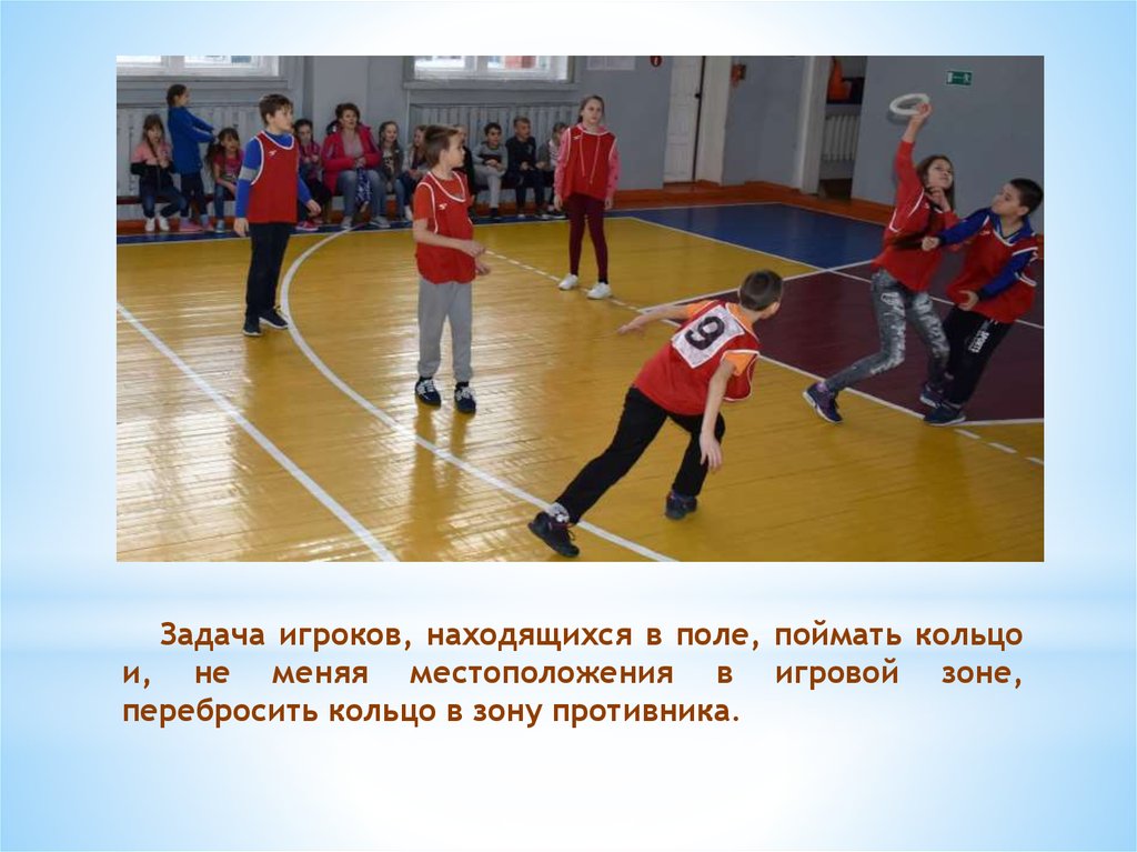 Задача игроков, находящихся в поле, поймать кольцо и, не меняя местоположения в игровой зоне, перебросить кольцо в зону