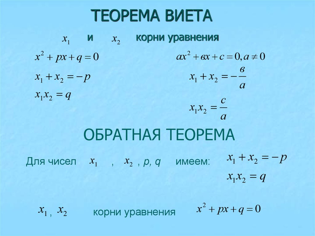 Уравнение оу. Теорема Виета найти корни. Обратная теорема Виета формула. Теорема Виета дискриминант. Как найти корни квадратного уравнения по теореме Виета.