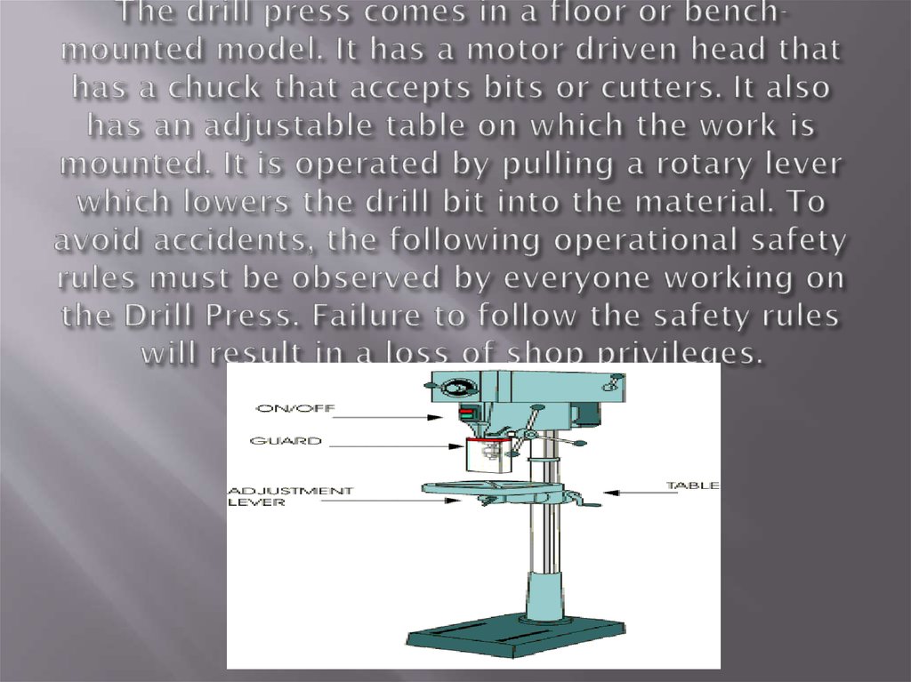 The drill press comes in a floor or bench-mounted model. It has a motor driven head that has a chuck that accepts bits or