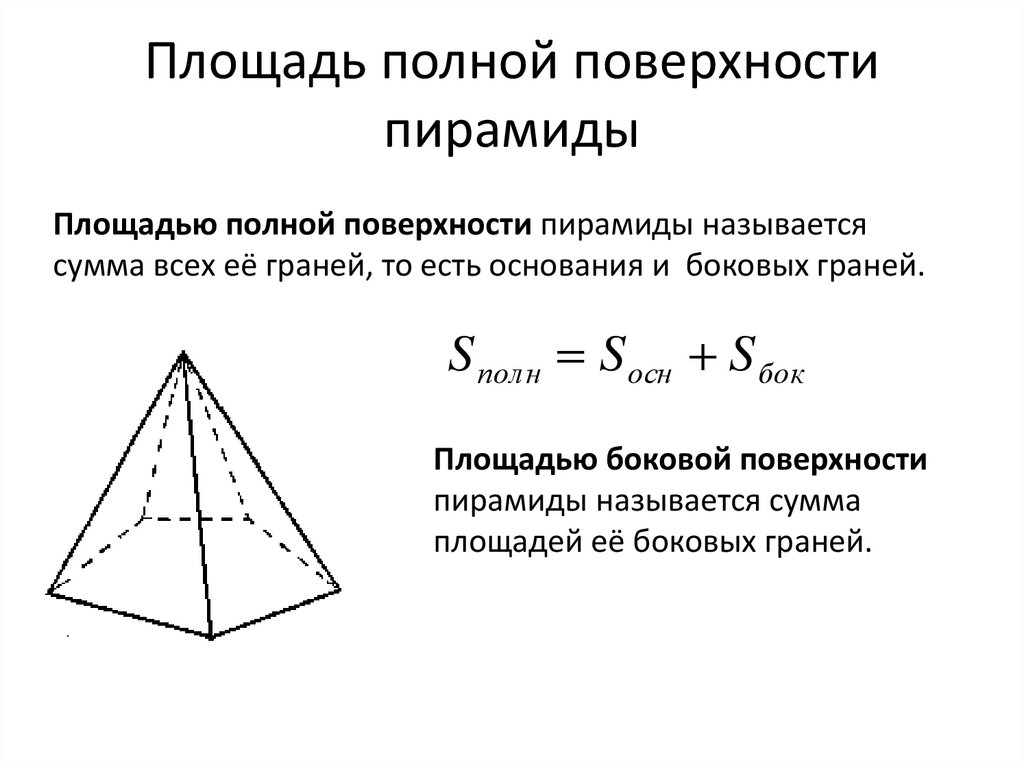 Как найти площадь боковой грани пирамиды. Площадь поверхности пирамиды пирамида 10 класс. Площадь боковой поверхности пирамиды. Формула нахождения площади поверхности пирамиды. Формула нахождения площади бок поверхности пирамиды.