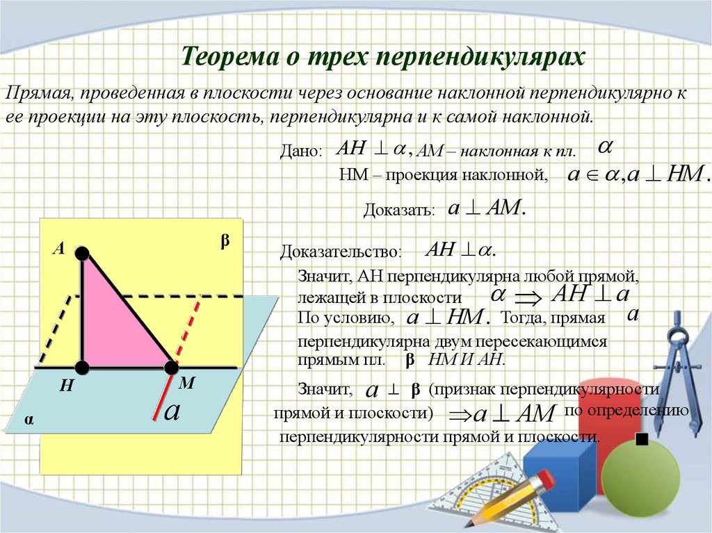 Теорема о трех прямых. Теорема о перпендикулярности 3 прямых. Теоремы перпендикулярности прямых и плоскостей. Перпендикуляр прямой и плоскости. Теорема о перпендикулярности прямой и плоскости.