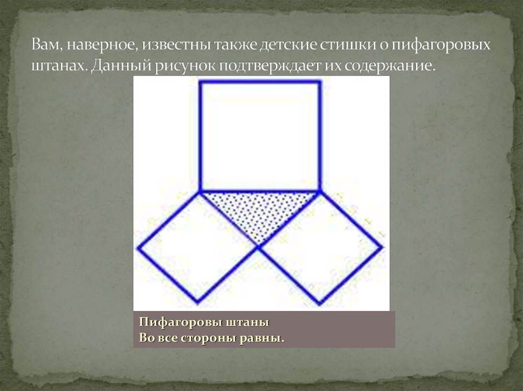 Пифагоровыми треугольниками называются. Пифагоровы штаны. Пифагоровы треугольники. Пифагоровы треугольники примеры.