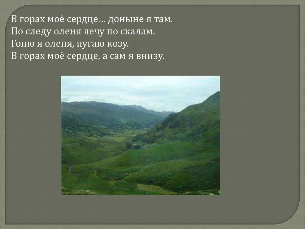 В горах мое сердце доныне я там. Стих в горах моё сердце. В горах мое сердце доныне я там по следу оленя лечу по скалам.