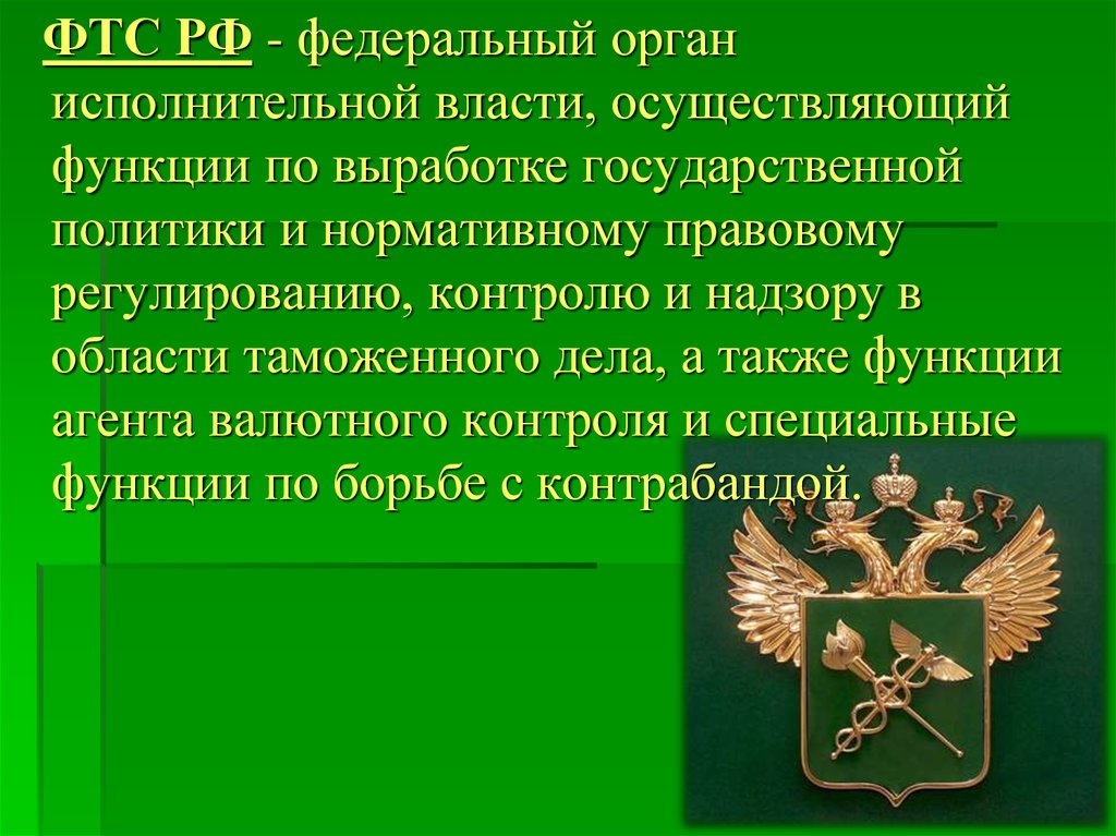 Правовое регулирование федеральных исполнительных органов. Орган исполнительной власти ФТС России. ФТС России осуществляет:. Исполнительная власть ФТС. Федеральная таможенная служба России осуществляет функции по.