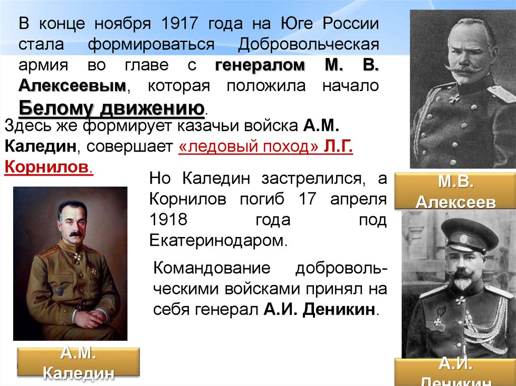 Глава добровольческой армии на дону 1917. Генерал Алексеев 1917. Иностранная интервенция в годы гражданской войны.