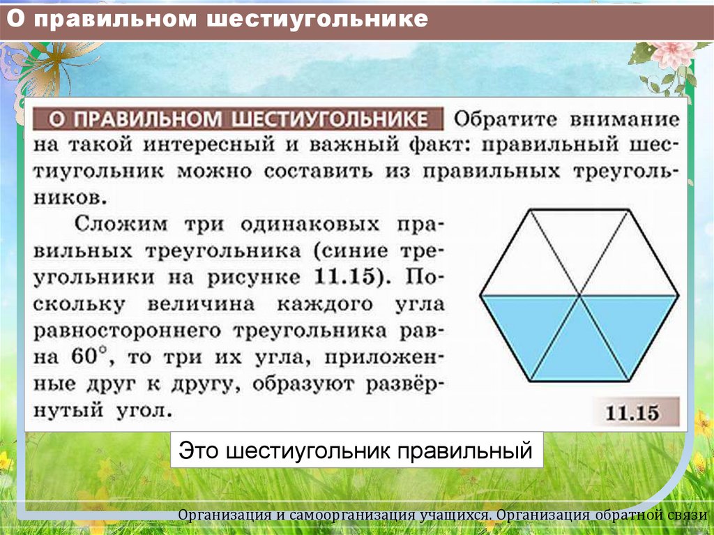 Правильный шестиугольник в правильном шестиугольнике. Угол равностороннего шестиугольника.
