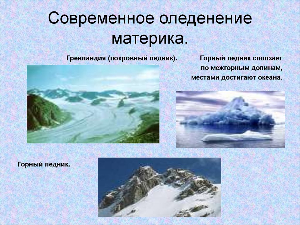 Где находятся самые покровные ледники. Современное покровное оледенение. Современное горное оледенение. Современное оледенение материков. Современное горное и покровное оледенение.