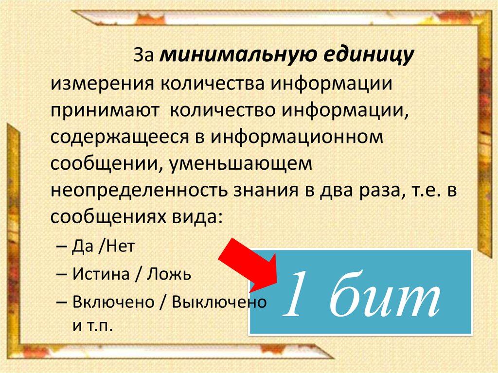 За минимальную единицу измерения количества информации принят