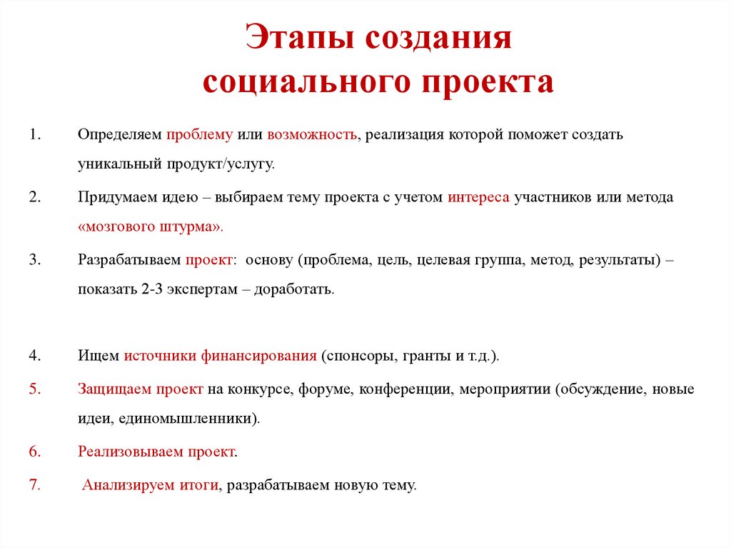 Назовите этапы создания социального проекта