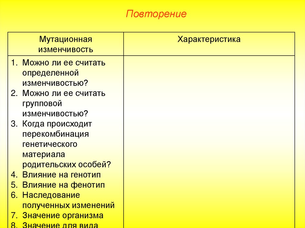 Изменчивость определяет. Характеристика определенной изменчивости. Характеристика модификационной изменчивости и мутационной. Характеристика мутационной изменчивости таблица. Влияние изменчивости на генотип.