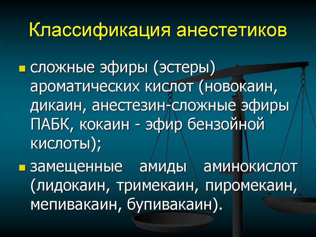 Анестетики группы сложных эфиров. Классификация анестетиков. Сложные эфиры и амиды анестетики. Местные анестетики группы сложных эфиров. Классификация местных анестетиков.