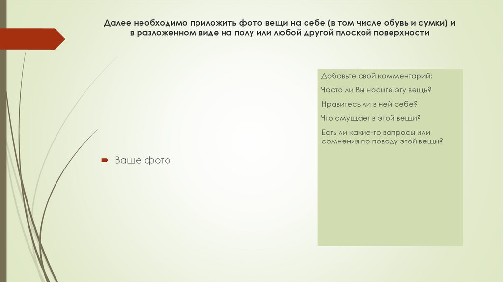 Далее необходимо приложить фото вещи на себе (в том числе обувь и сумки) и в разложенном виде на полу или любой другой плоской