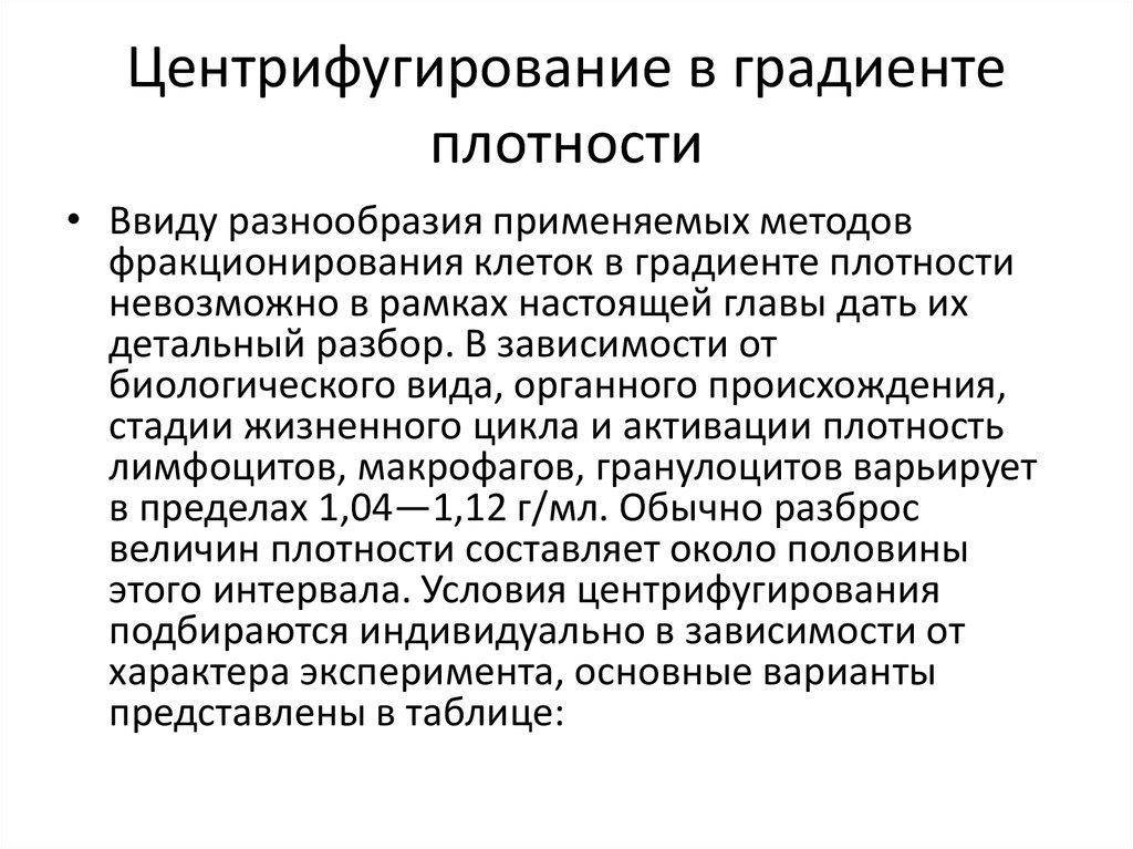 Градиент плотности. Центрифугирование в градиенте плотности. Виды центрифугирования. Метод фракционирования клеток. Для центрифугирования в градиенте плотности используют.