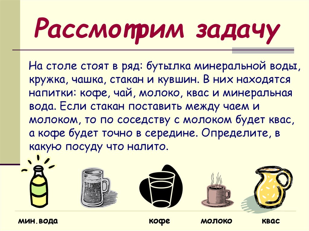 Задача рассмотрена. На столе стоят бутылка Кружка чашка стакан и кувшин. В чашку кувшин и стакан налили разные напитки чай квас и молоко. В стакан чашку и кувшин налили кофе сок и чай. Задача на логику стоит бутылка Кружка чашка стакан и кувшин.