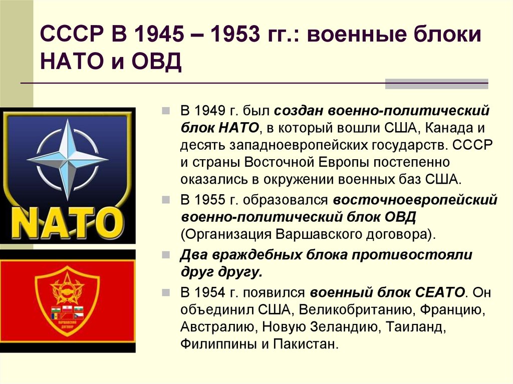 Два военно политических союза. Блок НАТО И блок ОВД. Военно политические блоки НАТО И ОВД. Создание НАТО И ОВД. Возникновение НАТО И ОВД.