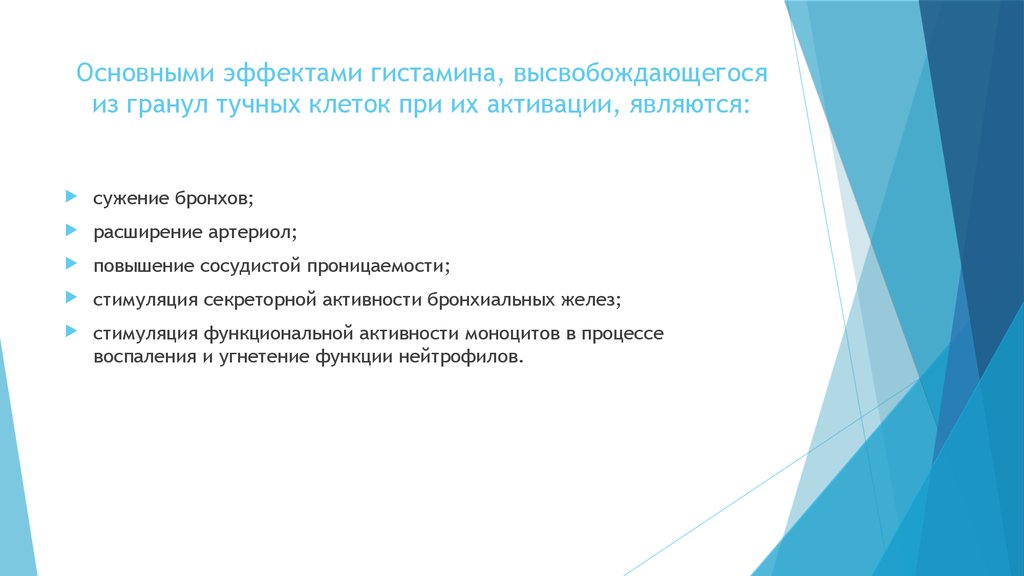 Основными эффектами гистамина, высвобождающегося из гранул тучных клеток при их активации, являются:
