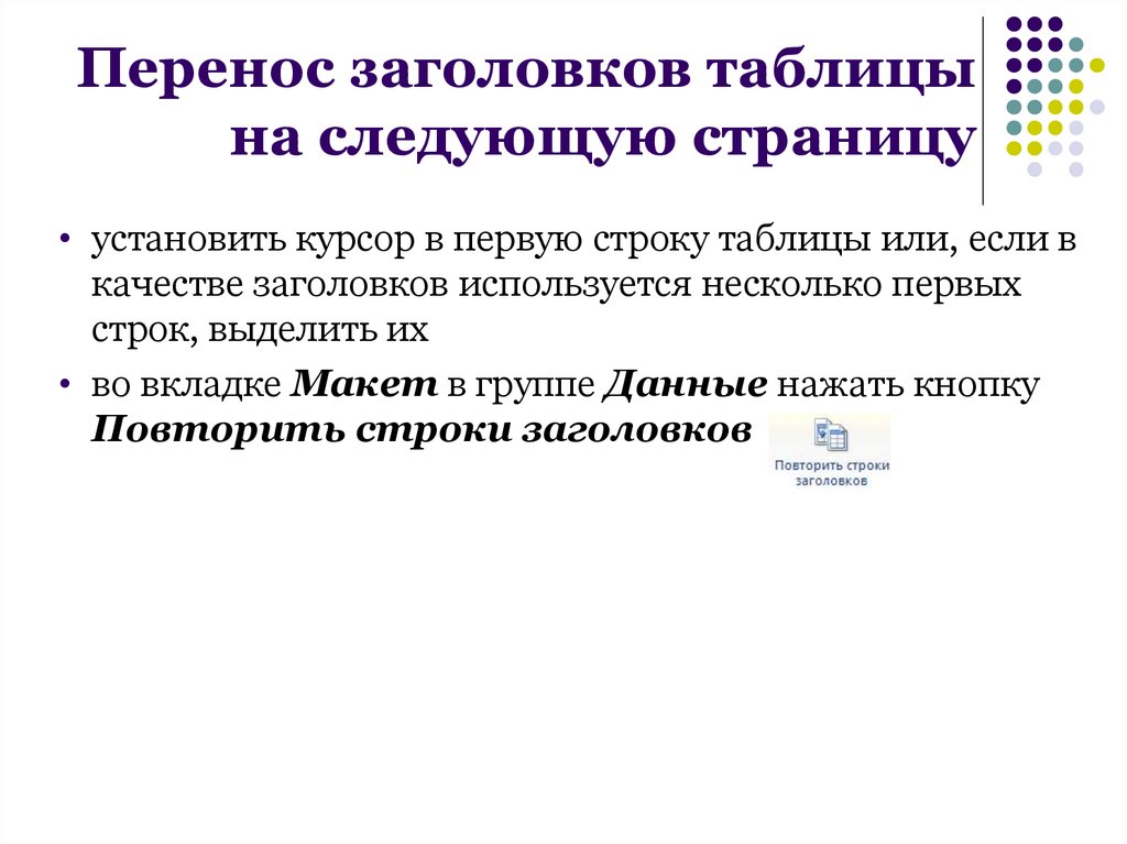 Как перенести имя. Перенос заголовков заголовка. Перенос в заголовках таблицы. Перенести название таблицы на следующую страницу. В качестве заголовков строк.