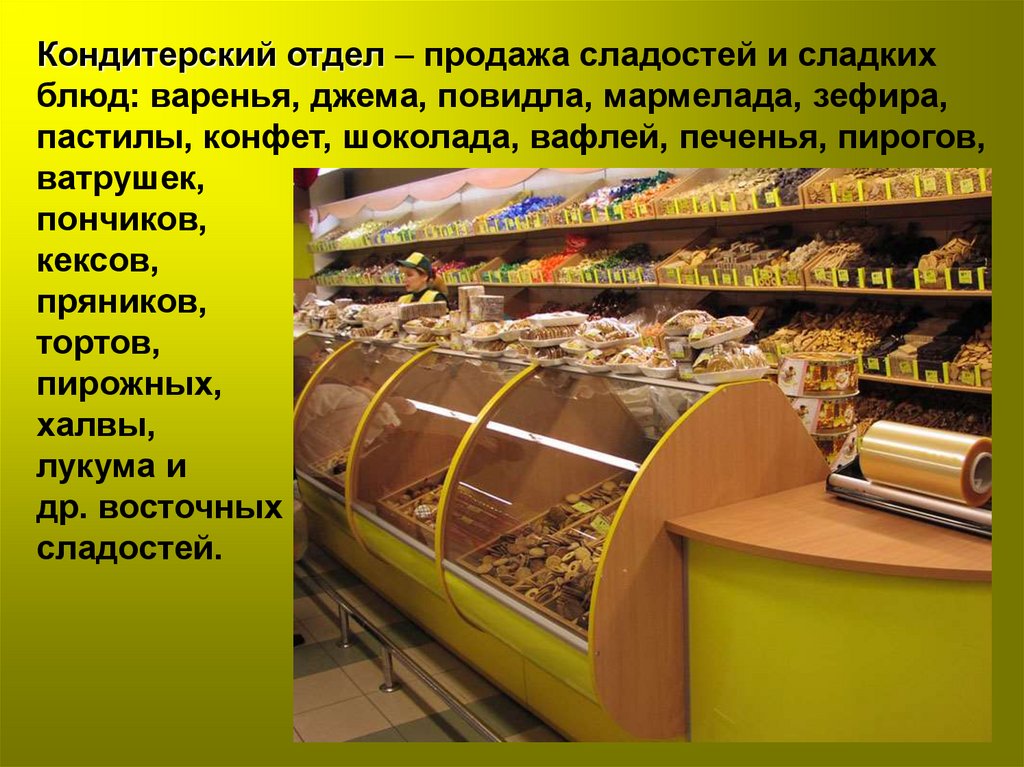 Типы магазинов по ценам. Отделы продуктового магазина. Специализированные продовольственные магазины. Промышленные и продовольственные товары. Кондитерский отдел.