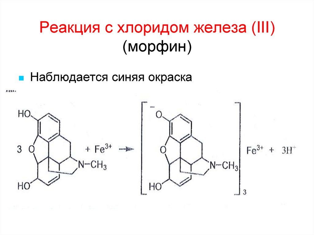 Реакции с хлоридом железа 3. Морфин и хлорид железа 3. Реакция морфина с хлоридом железа. Морфин с бромной водой реакция. Реактив Бушарда и морфин.