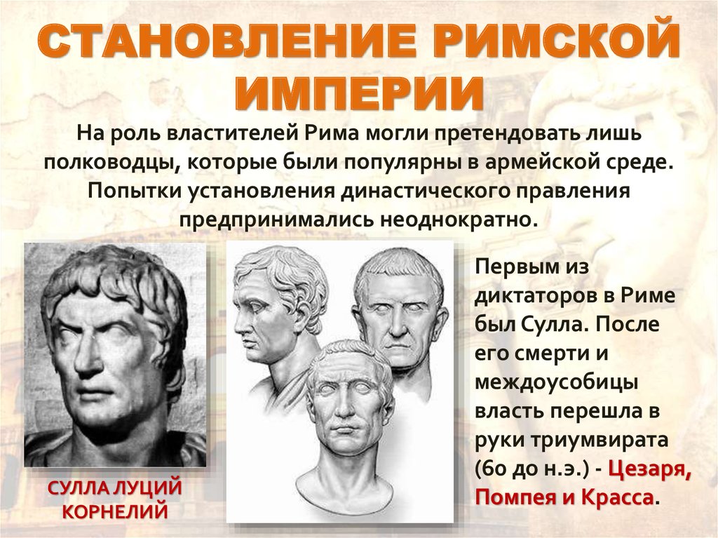 Становление империи. Сулла первый диктатор Рима 5. Становление римской империи. Формирование римской империи. Диктатура Суллы и Цезаря.